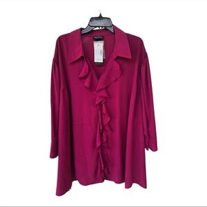 New Maggie Barnes Blouse Sz 5X Red Plus Ruffle Front Long Sleeve